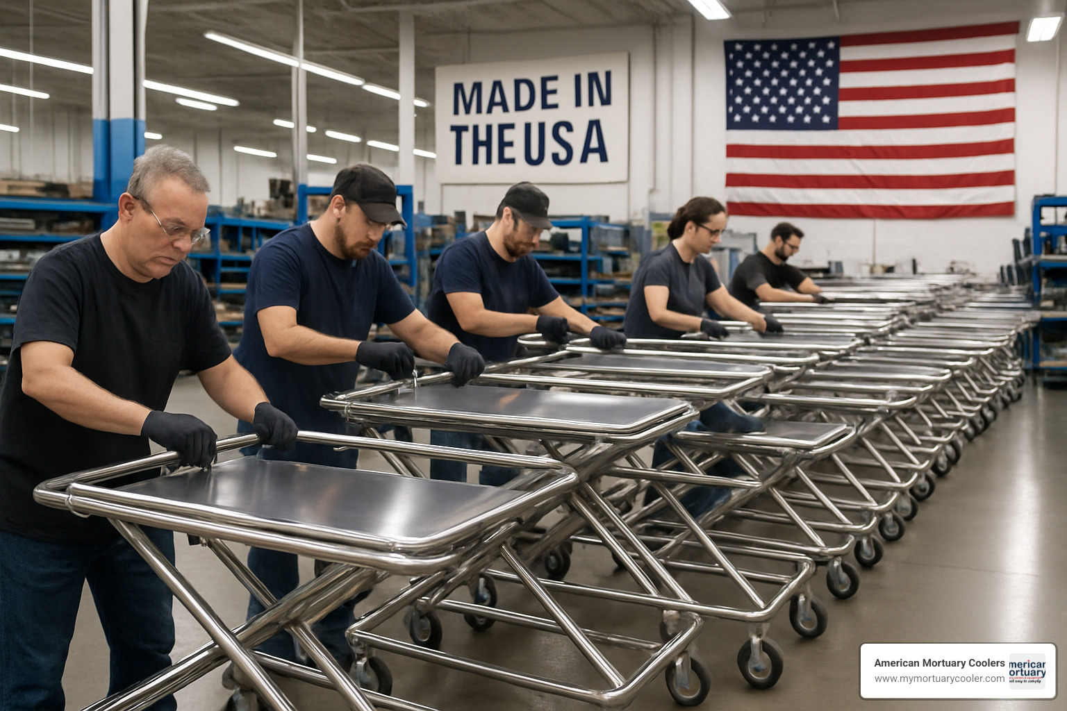 American Mortuary Coolers manufacturing facility showing morgue stretcher production line - www.morguestretcher.com American Mortuary Coolers manufacturing facility showing morgue stretcher production line - www.morguestretcher.com