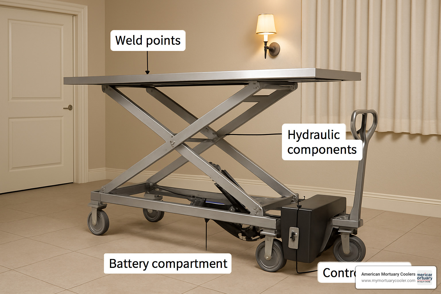 Detailed mortuary scissor lift with quality indicators - mortuary scissor lift photos