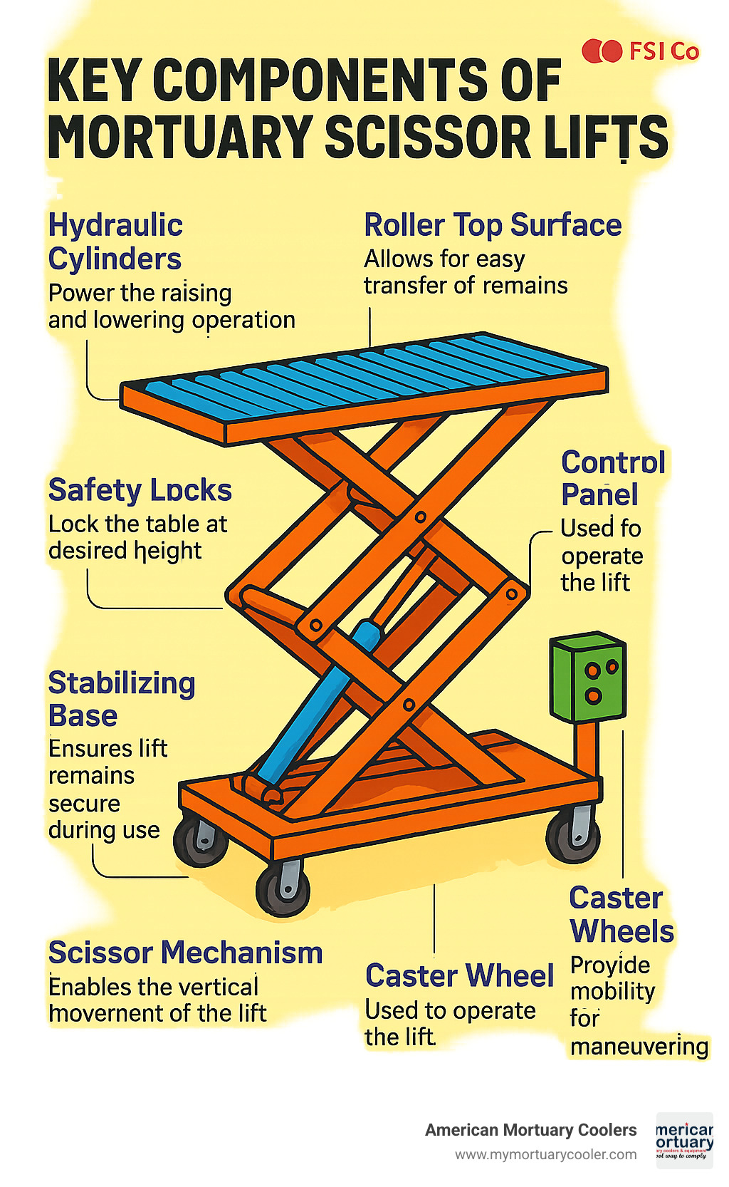 Detailed diagram showing key components of mortuary scissor lifts including hydraulic cylinders, roller top surface, stabilizing base, scissor mechanism, control panel, caster wheels, and safety locks with their functions and specifications - mortuary scissor lift photos infographic 