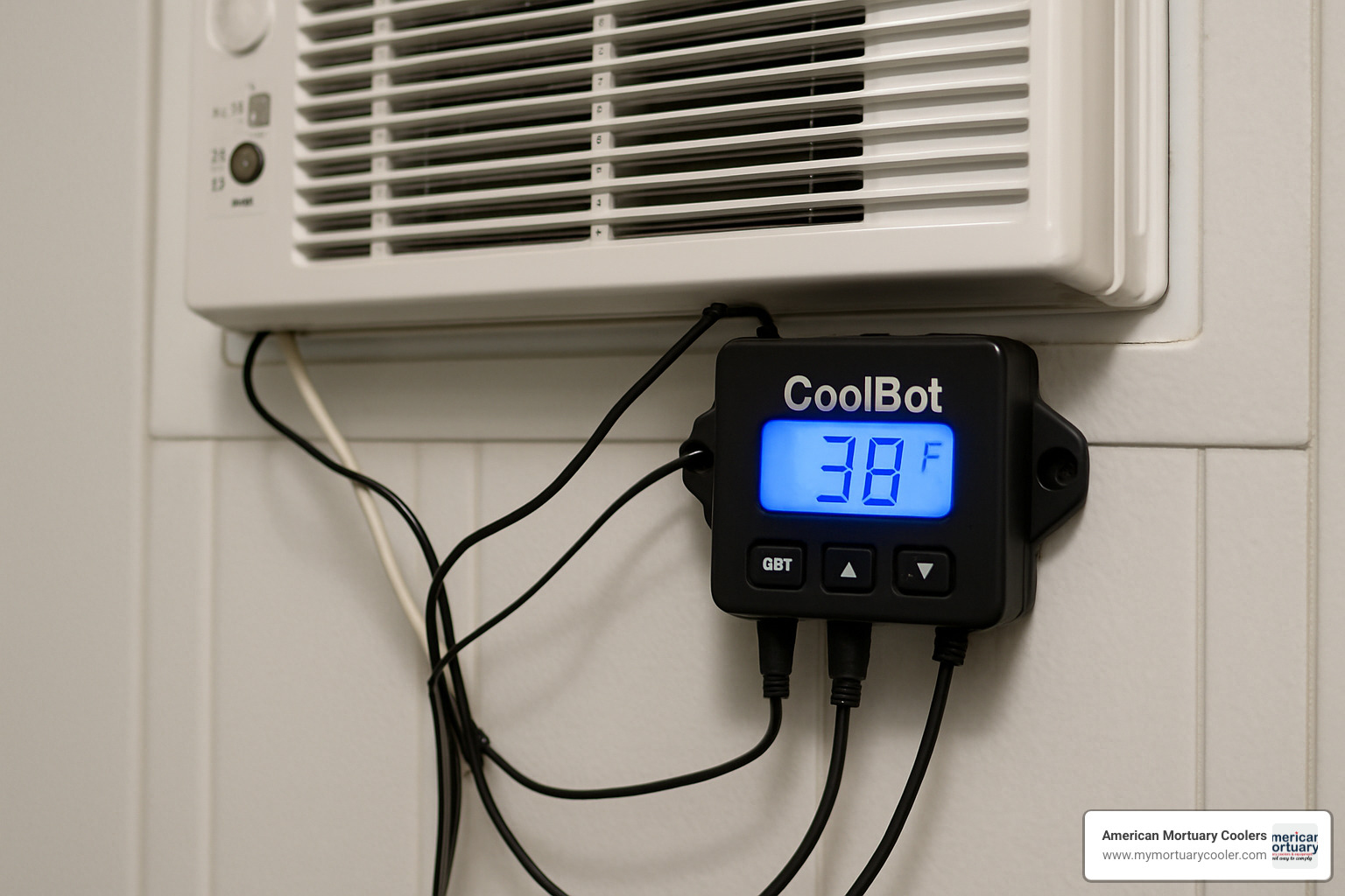 CoolBot controller wired to air conditioner showing sensor connections - quickchillmortuarycoolers.com