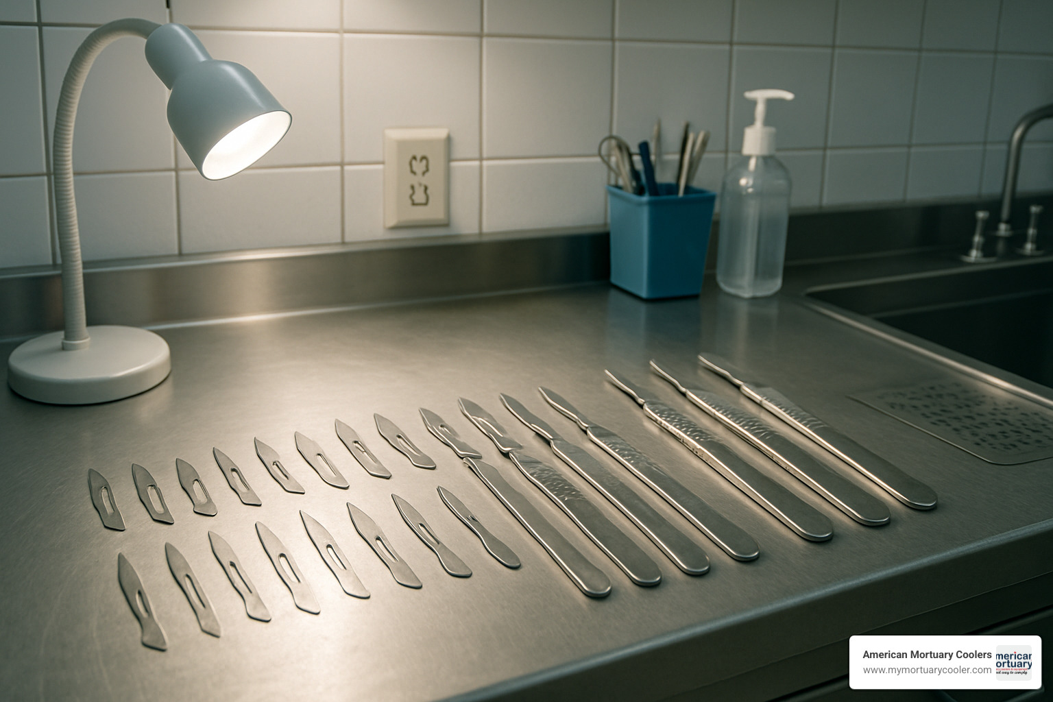 Organized workstation with various scalpel blades and handles - scalpel blades