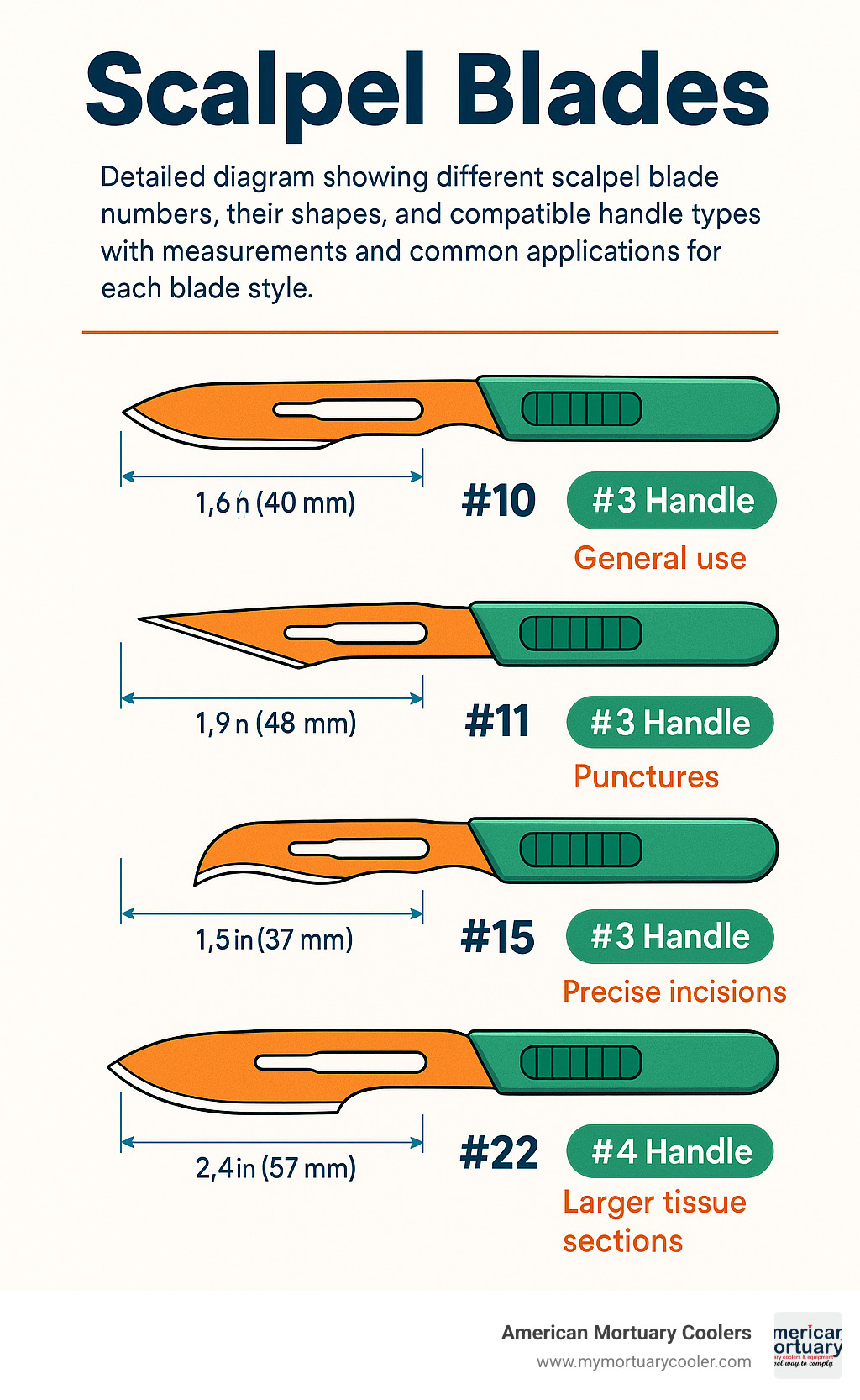 Detailed diagram showing different scalpel blade numbers, their shapes, and compatible handle types with measurements and common applications for each blade style - scalpel blades infographic 