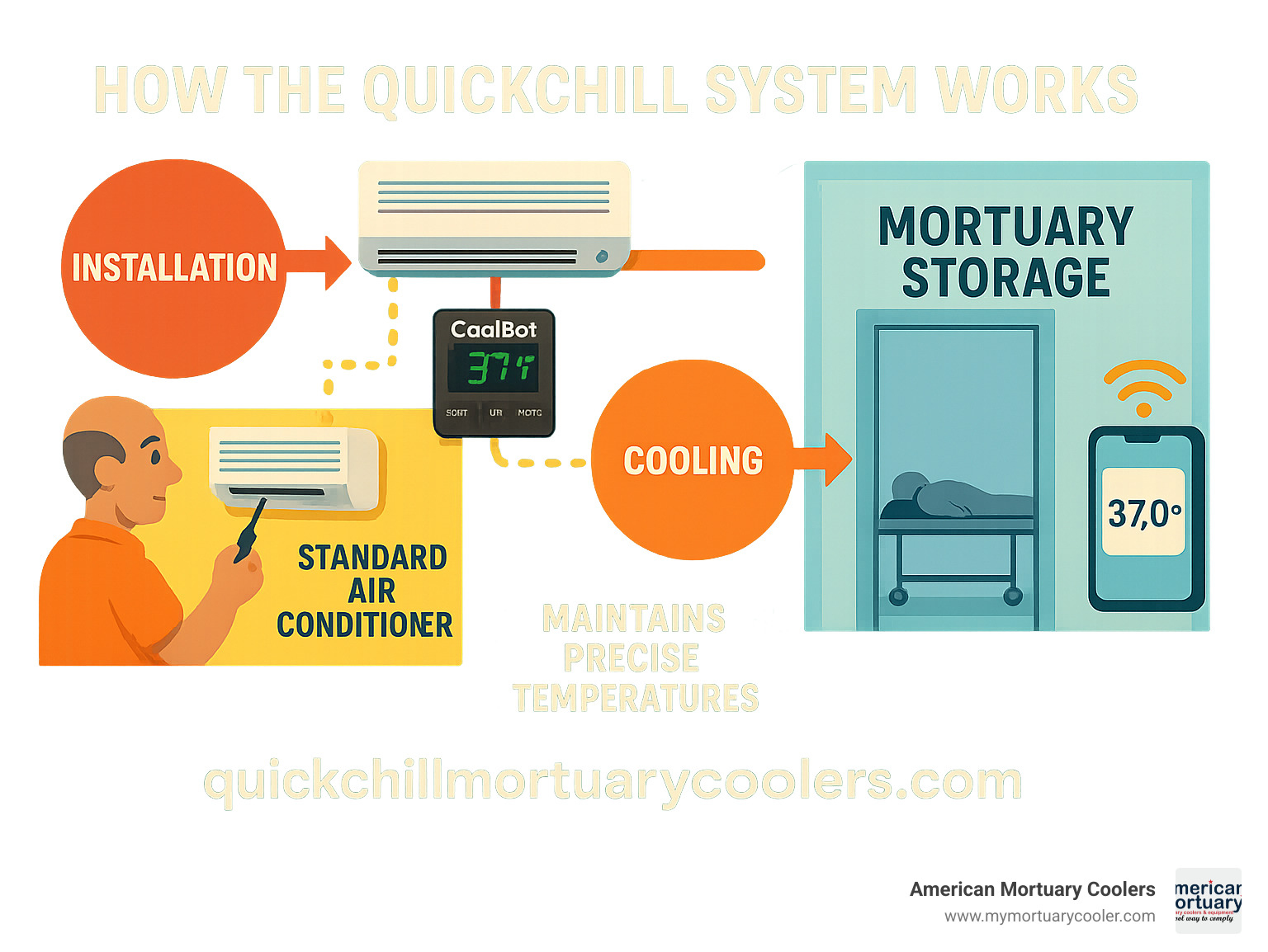 Diagram showing how QuickChill system works with CoolBot controller connected to standard air conditioner, maintaining precise temperatures for mortuary storage, with workflow from installation to temperature monitoring - quickchillmortuarycoolers.com infographic 