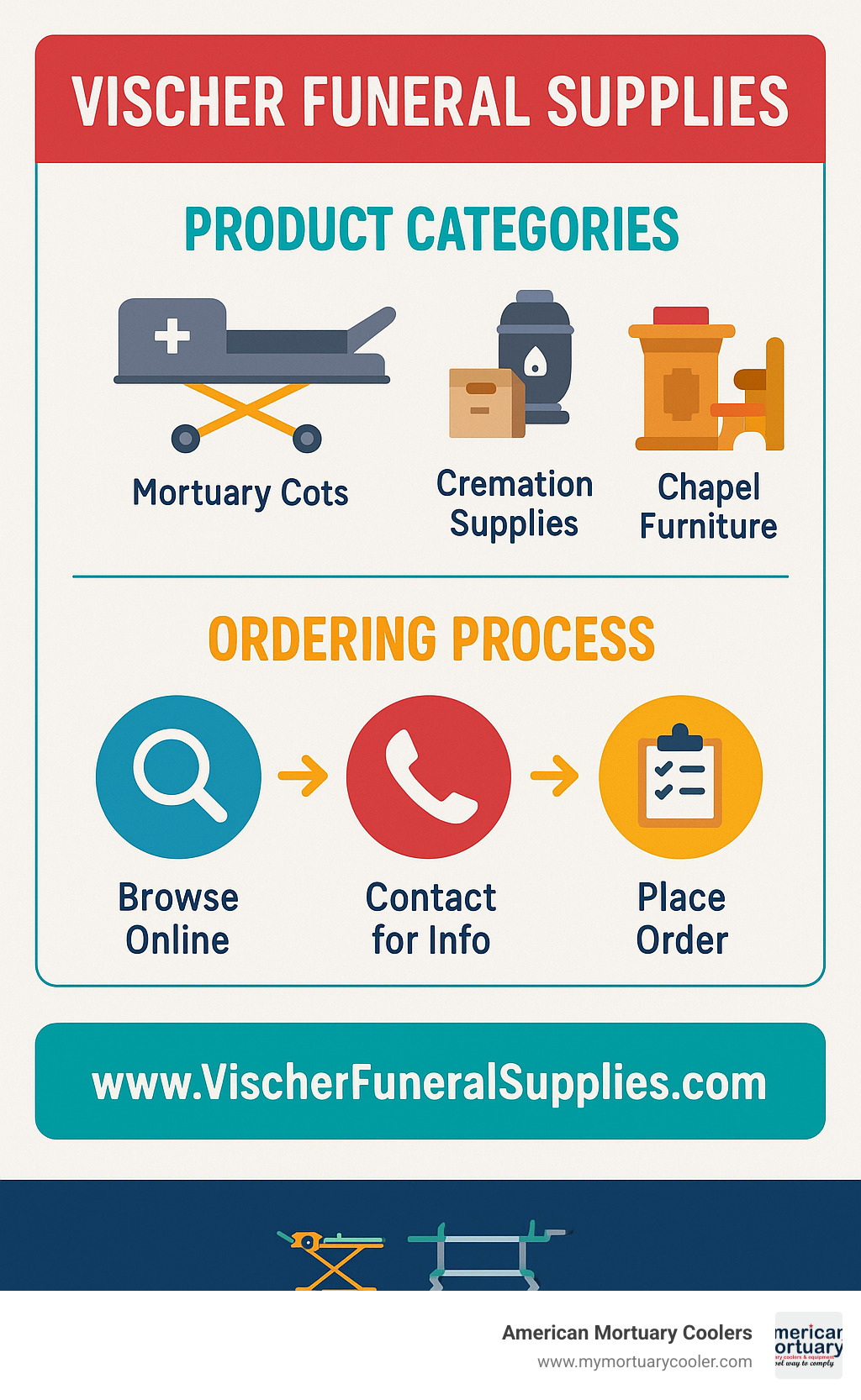 Vischer Funeral Supplies product categories and ordering process - www.VischerFuneralSupplies.com infographic 