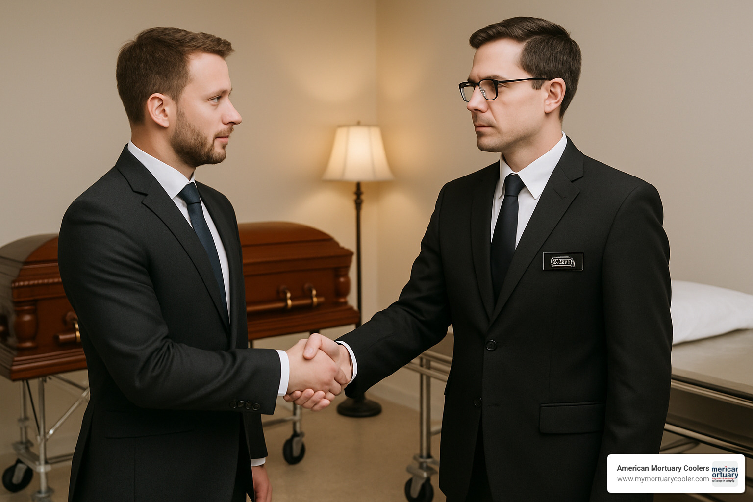 Professional handshake between supplier and funeral director - www.VischerFuneralSupplies.com