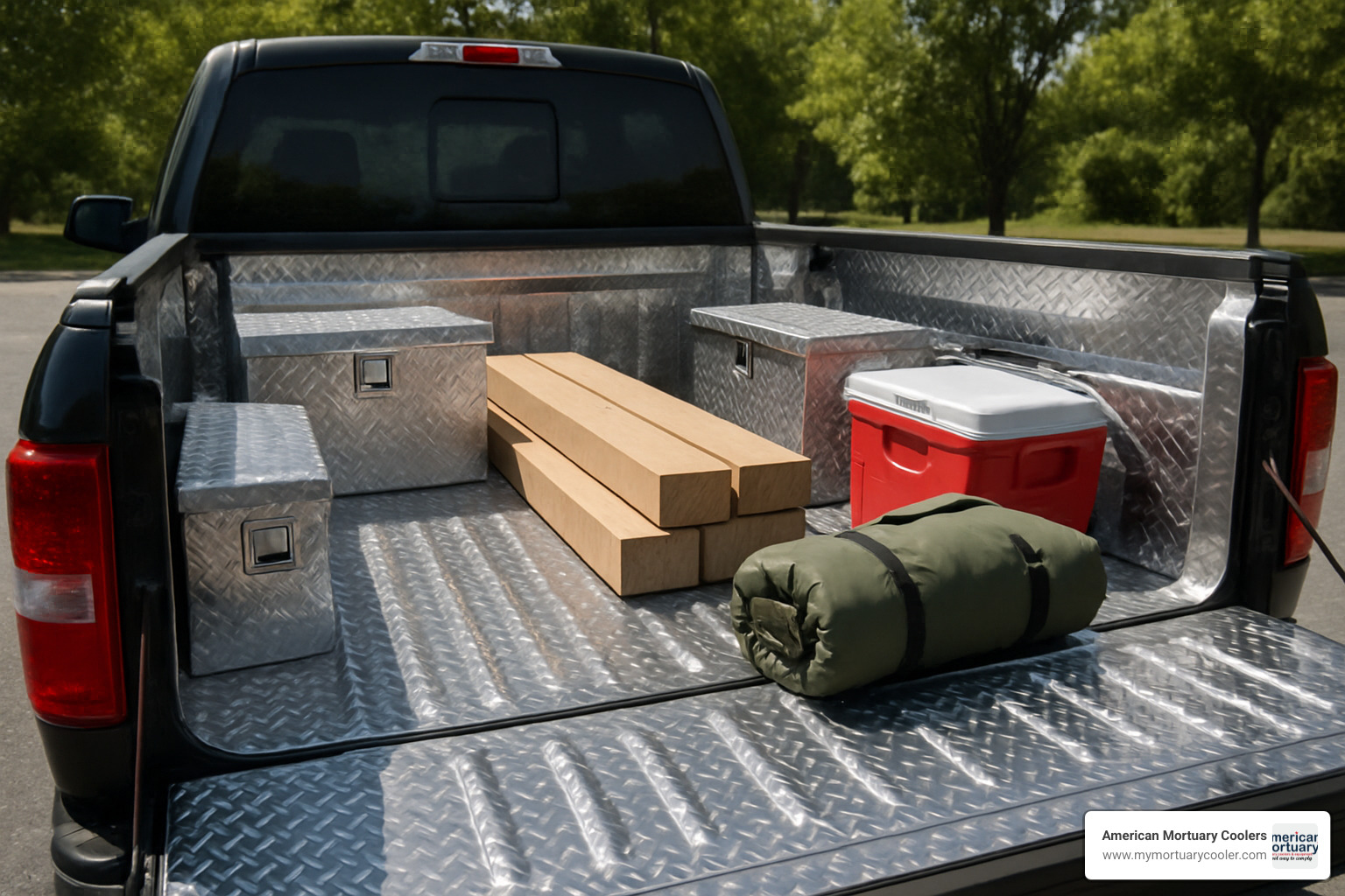 truck bed fully lined with flexible diamond plate showing cargo loaded - flexible diamond plate for bed of ickup