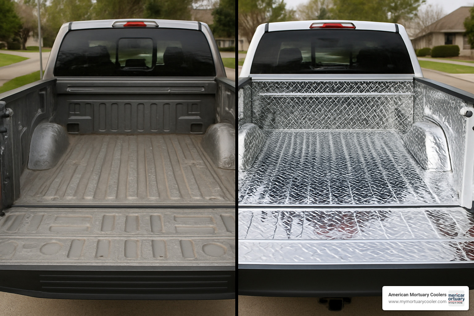 comparison of dented pickup bed versus one protected with diamond plate - flexible diamond plate for bed of ickup