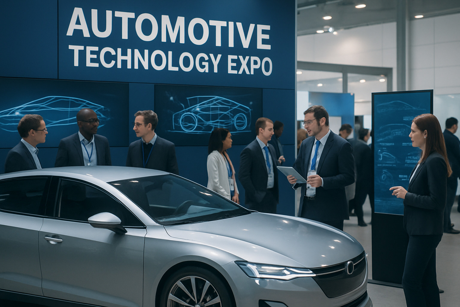 Battery Show exhibition hall with displays of battery technology and electric vehicle components - automotive technology expo