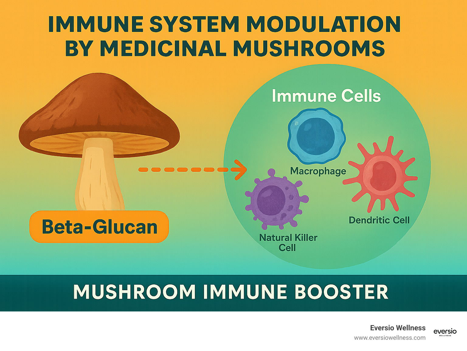Immune system modulation by medicinal mushrooms showing beta-glucan interaction with immune cells - Mushroom immune booster infographic 