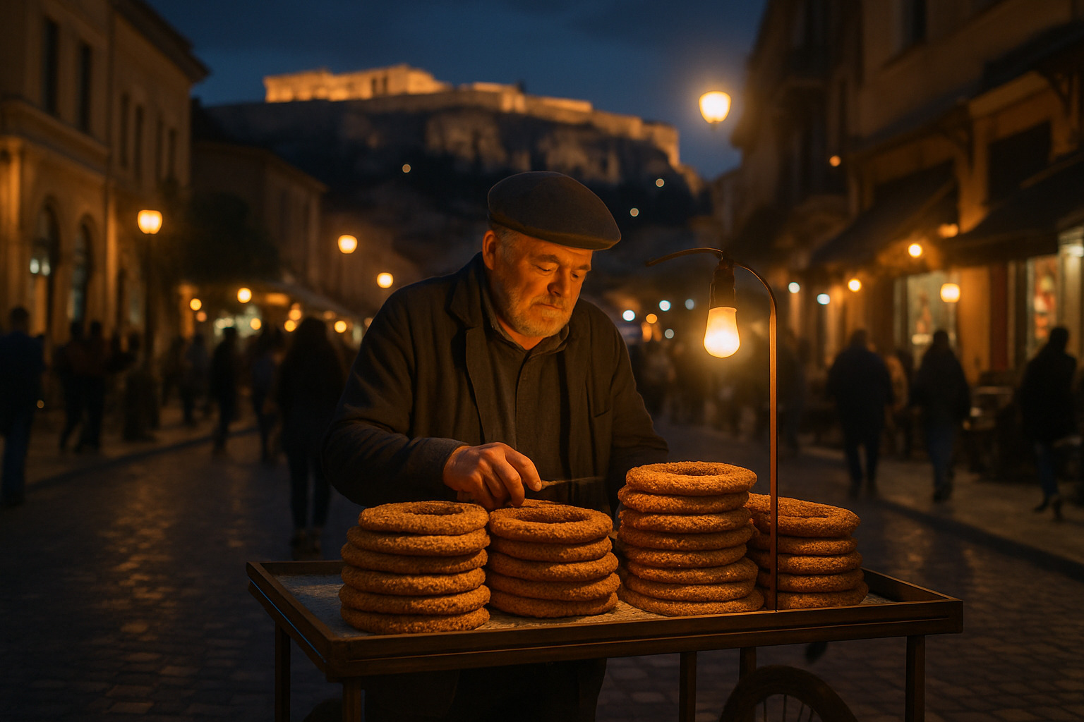 street food vendor selling koulouri at dusk in athens - athens street food tour