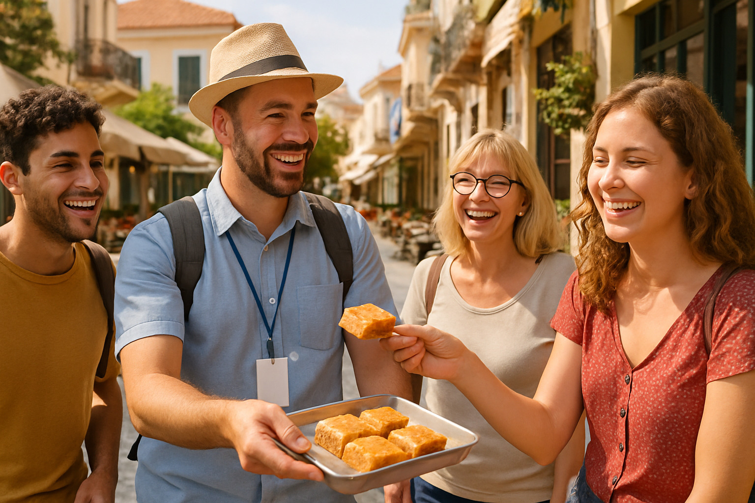 local guide sharing baklava with tour participants in athens - athens street food tour