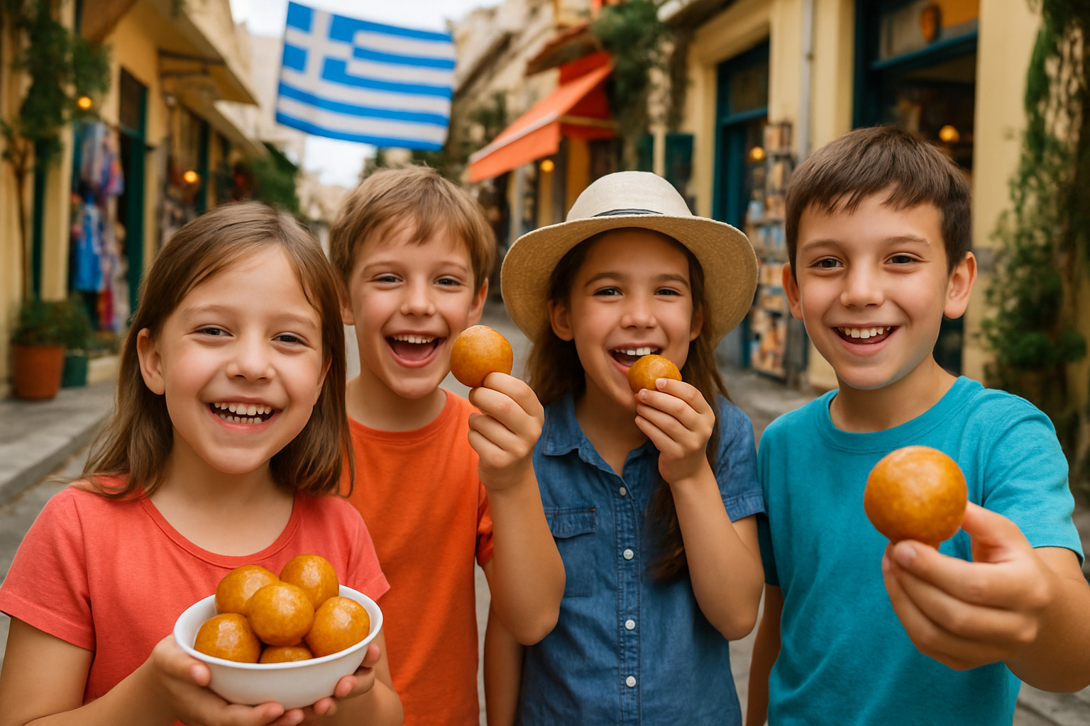 children enjoying loukoumades greek donuts on athens food tour - athens street food tour
