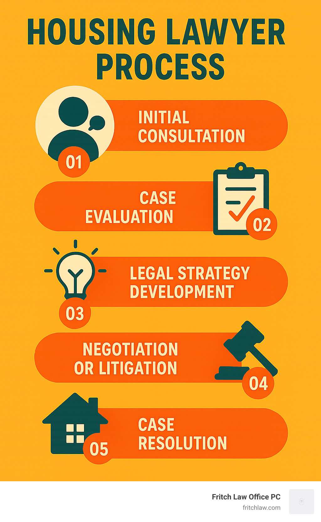 Housing lawyer process showing the 5 key steps: initial consultation, case evaluation, legal strategy development, negotiation or litigation, and case resolution - housing lawyer infographic 