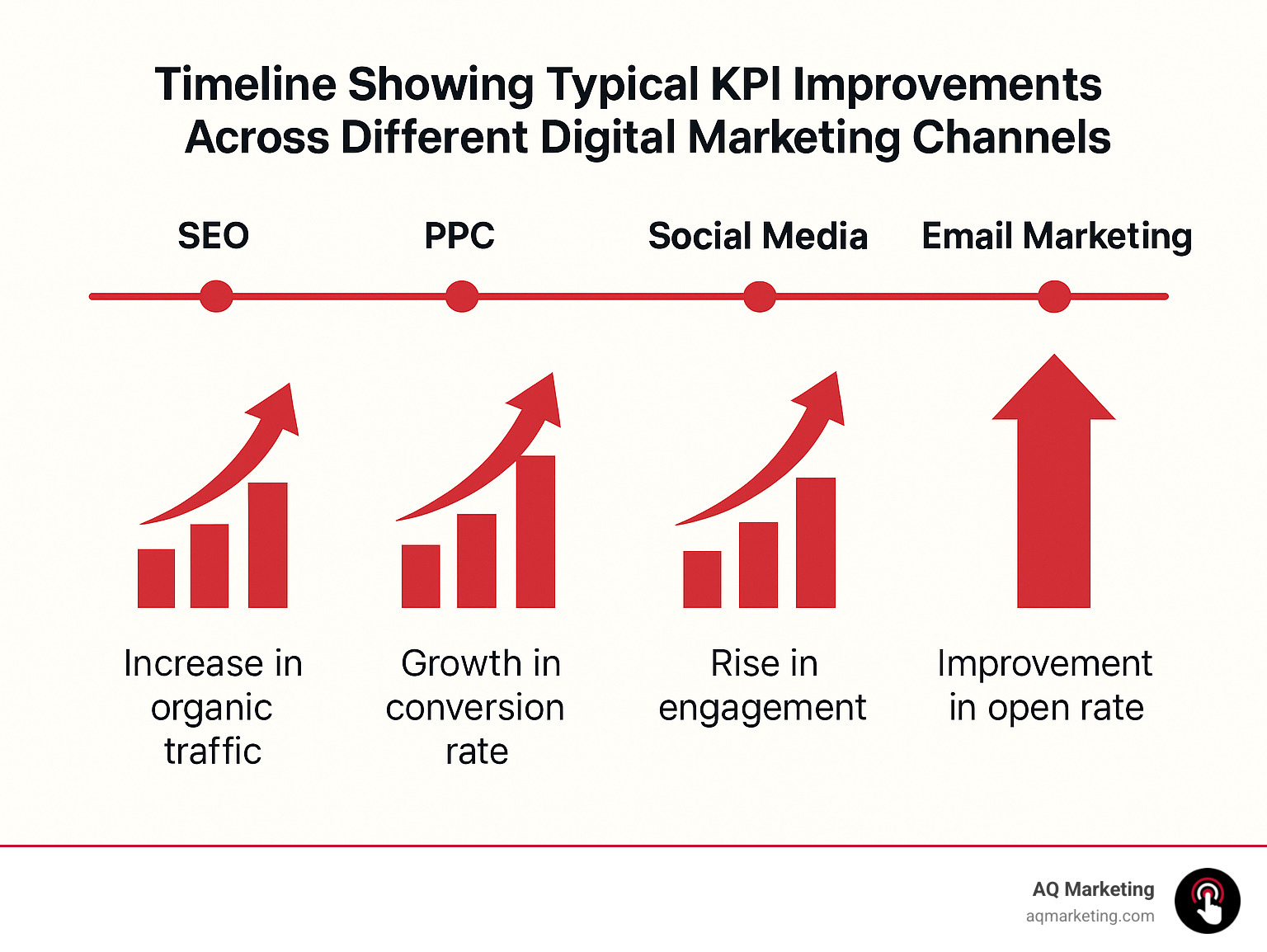 Timeline showing typical KPI improvements across different digital marketing channels - creative digital marketing agency cambridge infographic