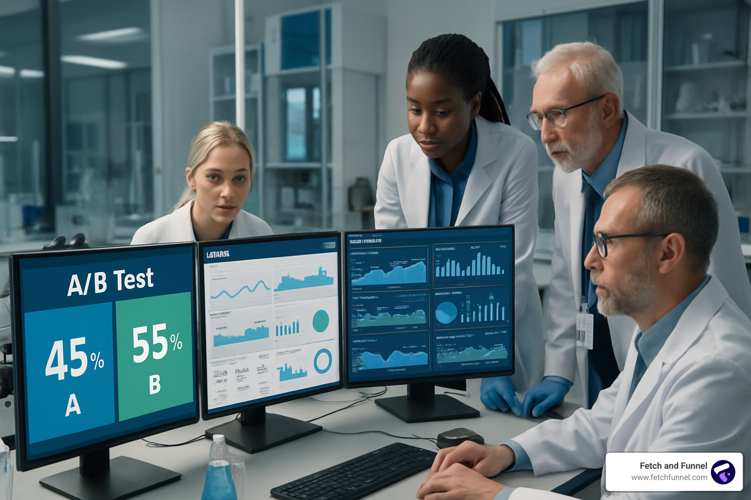 Scientific laboratory setup with multiple screens showing A/B test results and analytics - Conversion rate optimization agency