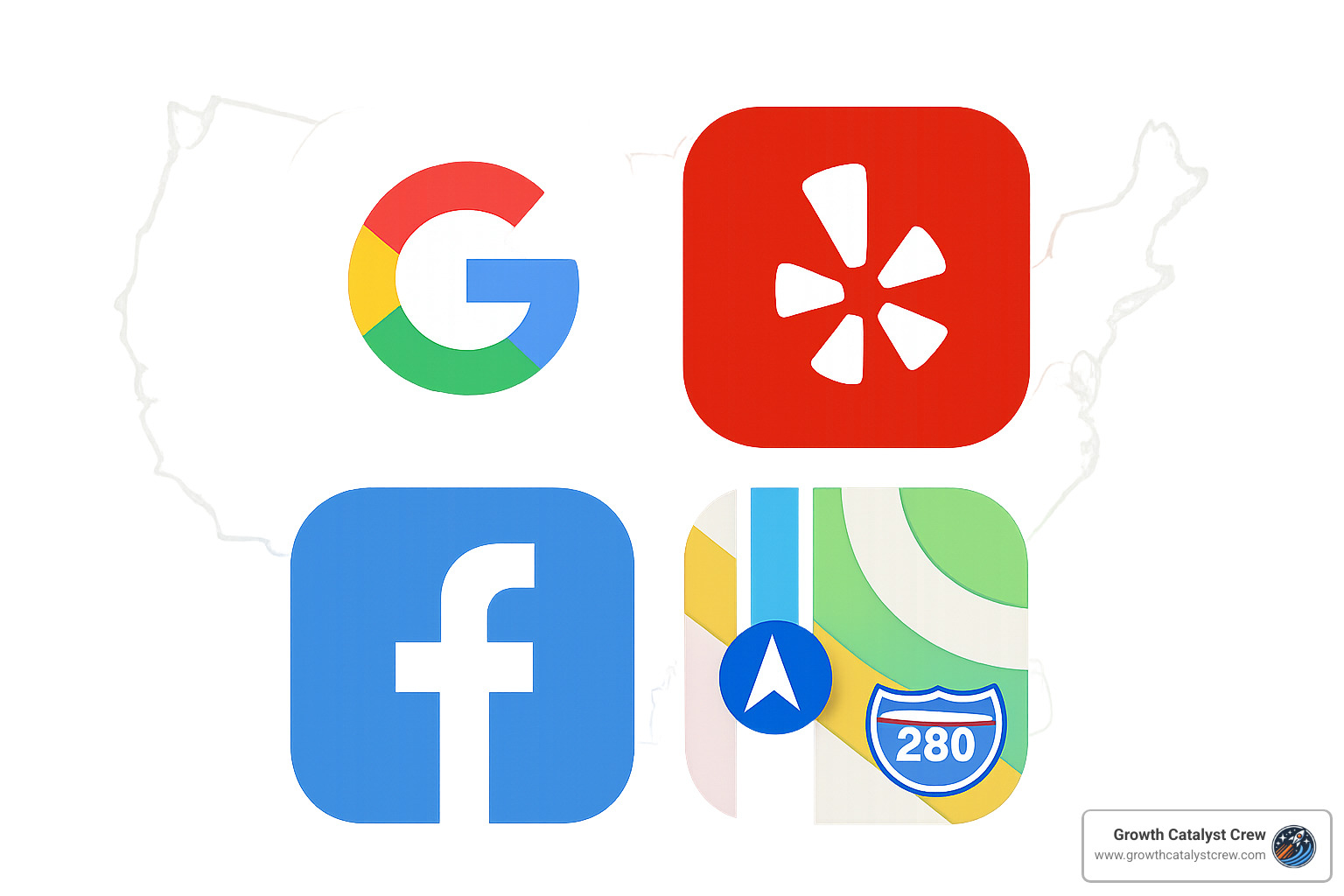 What the Heck is Local Citation Building Anyway? 3 Top citation platforms for local businesses showing icons for Google, Yelp, Facebook, and Apple Maps - local citation building