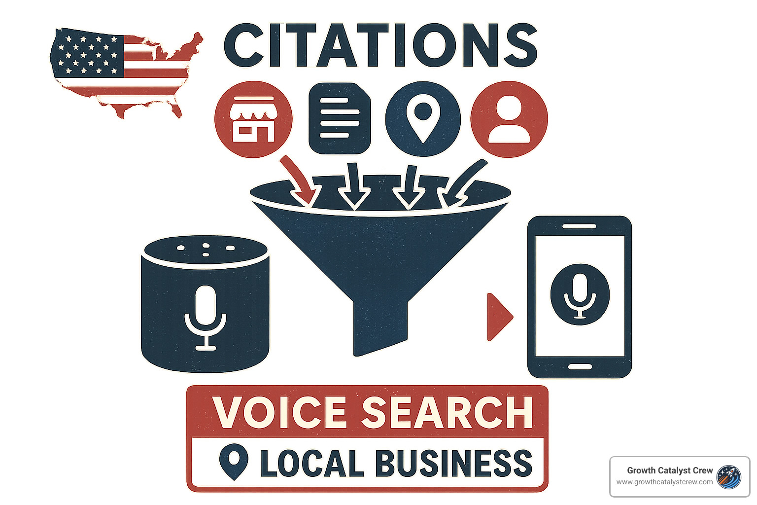 What the Heck is Local Citation Building Anyway? 6 Voice search funnel showing how citations feed into voice search results - local citation building