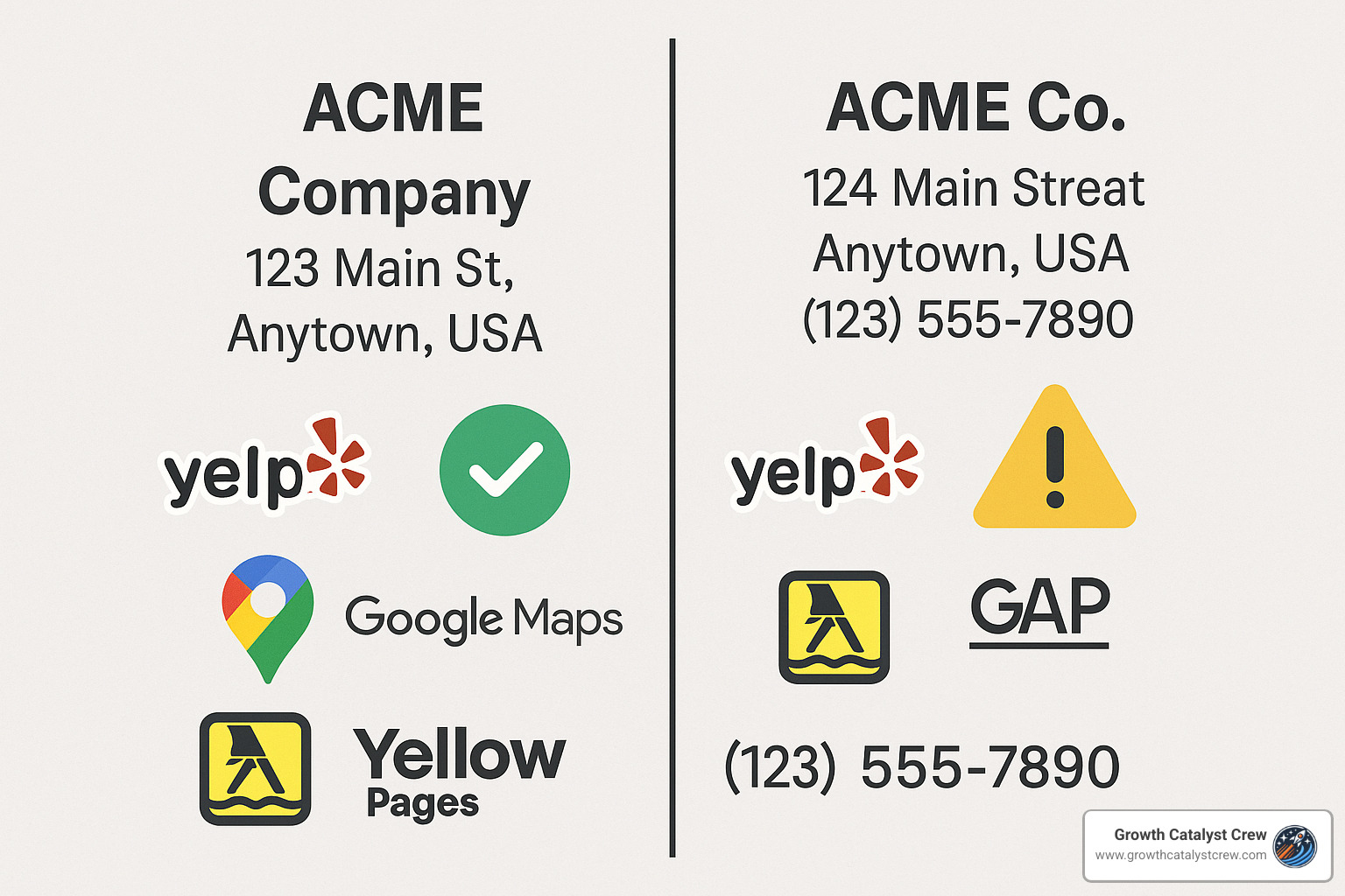 What the Heck is Local Citation Building Anyway? 2 NAP consistency comparison showing consistent vs inconsistent business listings - local citation building