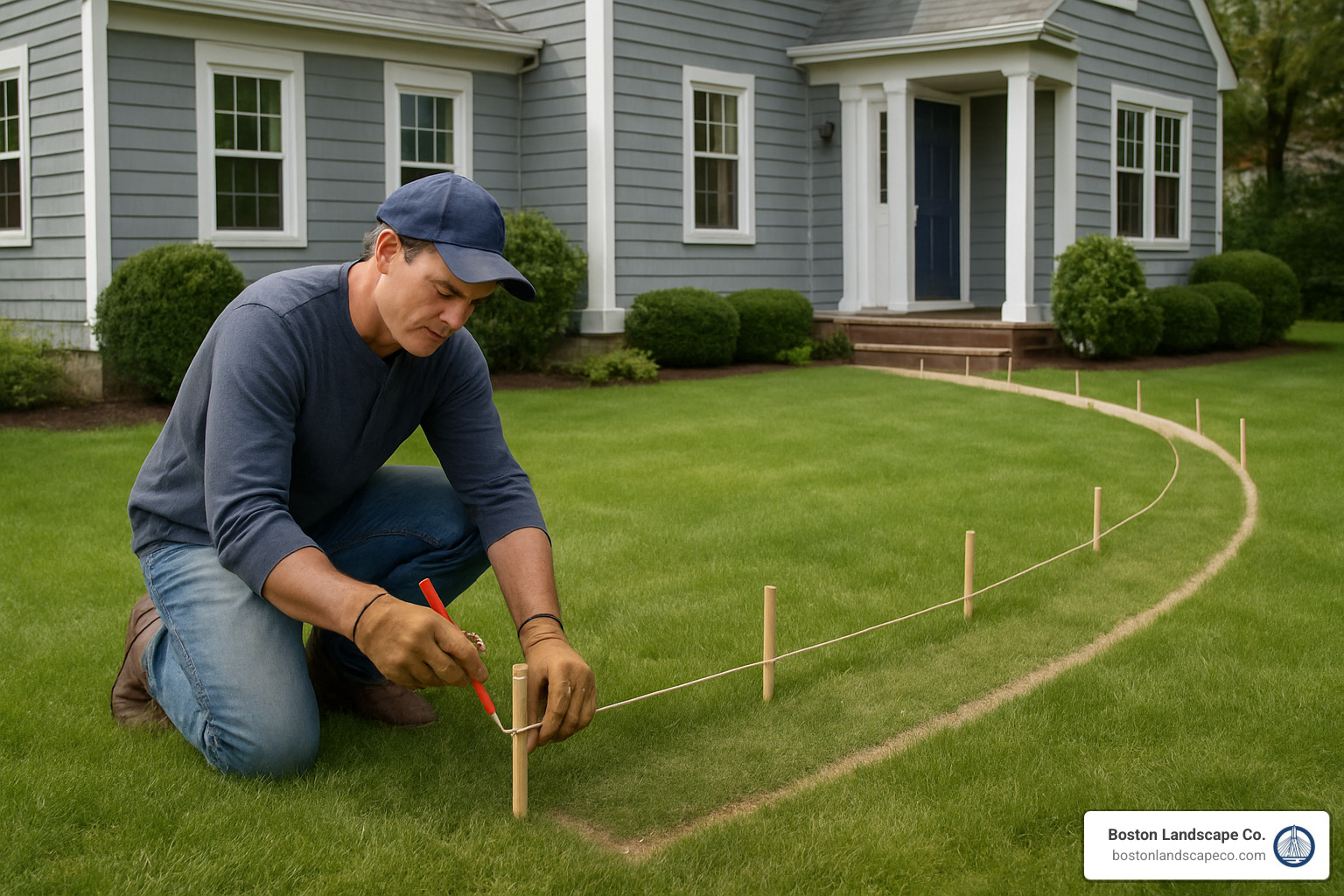 stone walkway layout planning with stakes and string - Stone walkway design