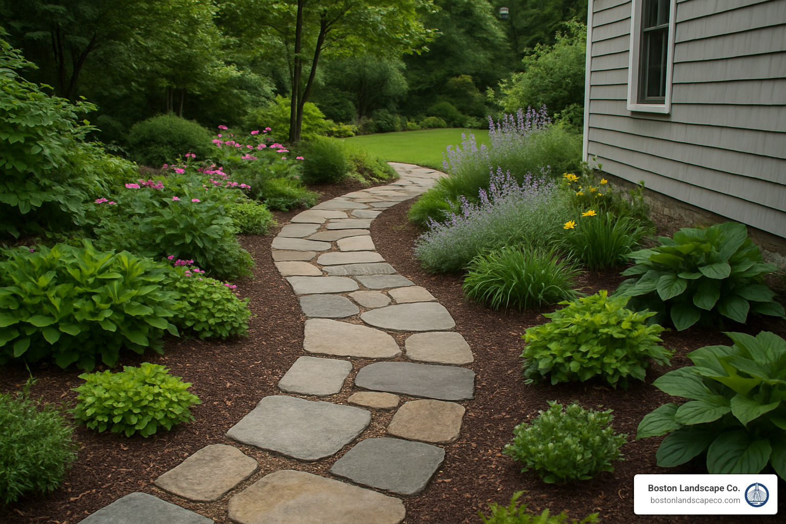 curved stone garden path with mixed materials - Stone walkway design