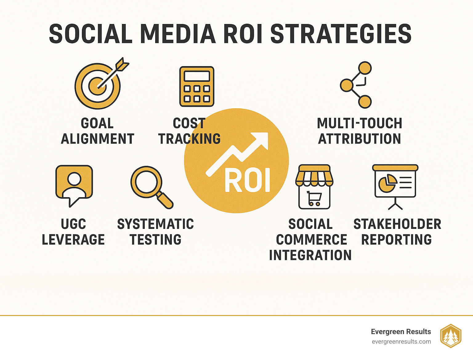Seven key social media ROI tactics: goal alignment, cost tracking, multi-touch attribution, UGC leverage, social commerce integration, systematic testing, and stakeholder reporting - Social media ROI strategies infographic 