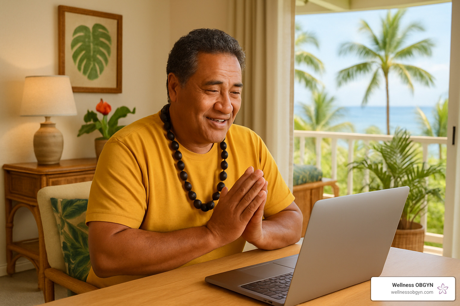 Man attending telehealth session on laptop from his Honolulu home - men's health honolulu