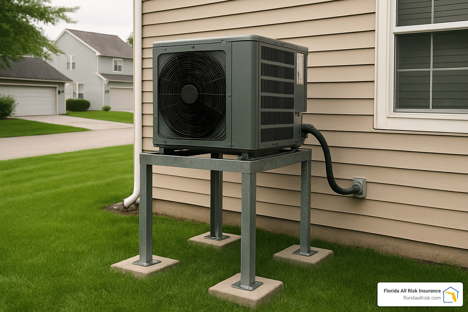 liftd HVAC unit on platform above flood level - flood insurance quote