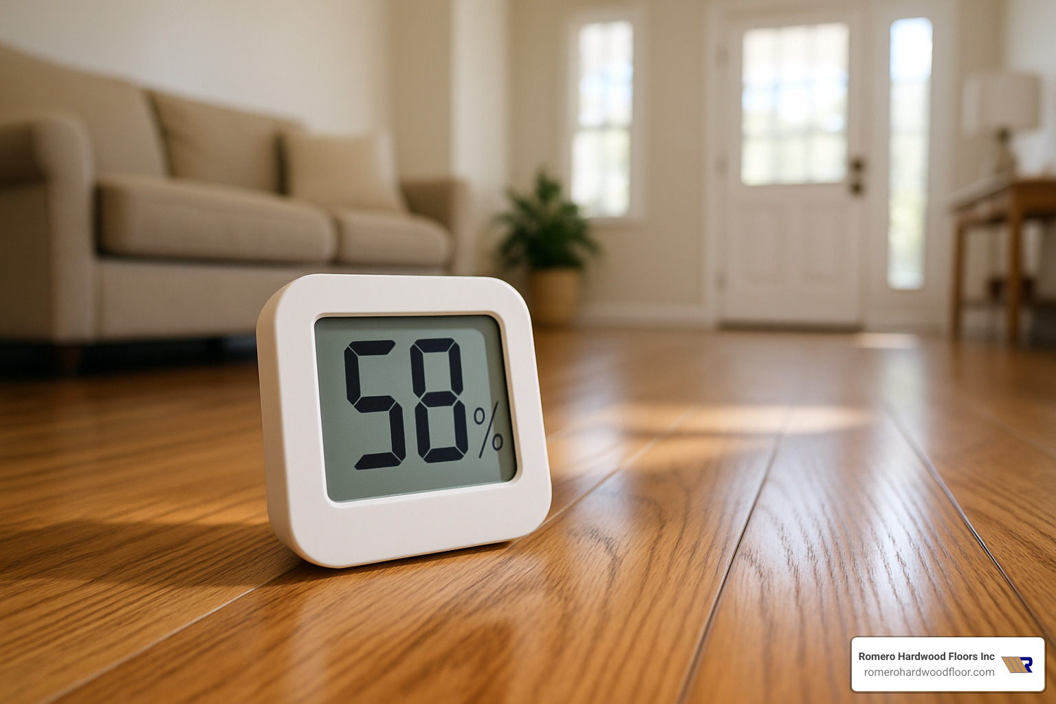 hygrometer showing indoor humidity levels near hardwood floor - Wooden floor maintenance tips