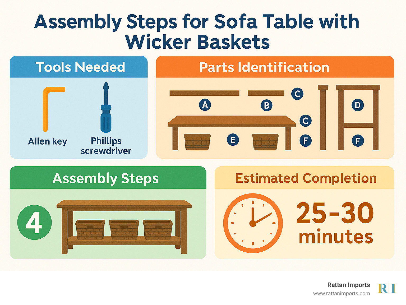 assembly steps for sofa table with wicker baskets showing tools needed, parts identification, and estimated completion time - sofa table with wicker baskets infographic 
