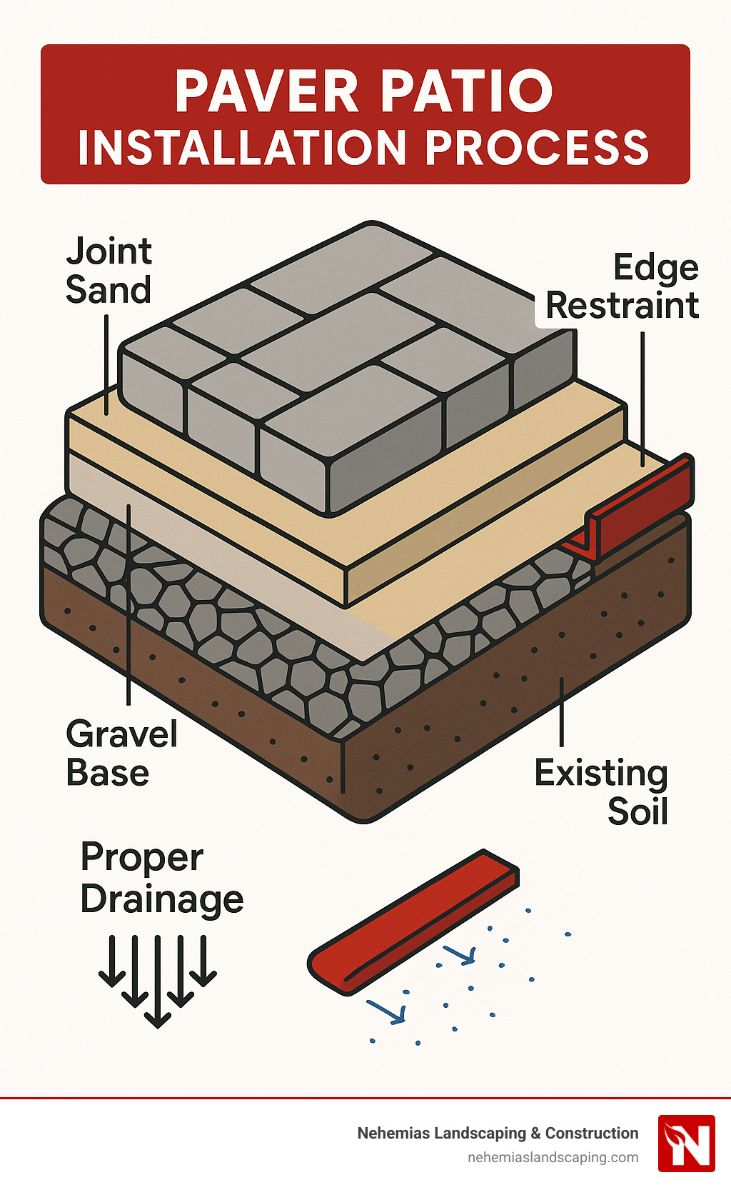 Paver patio installation process showing 5 layers: existing soil, gravel base, sand bed, pavers, and joint sand with proper drainage and edge restraints - Paver patio design ideas infographic 