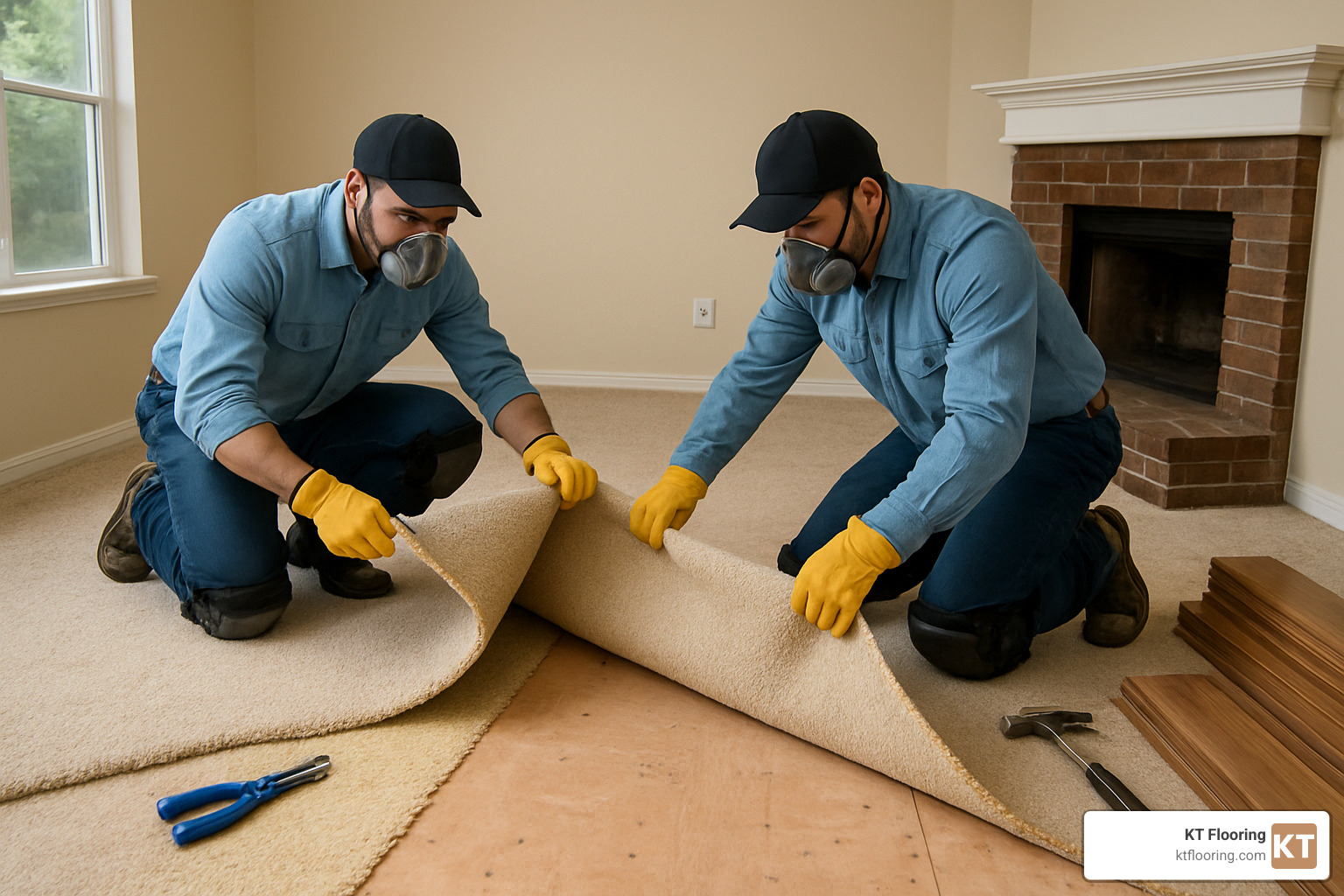 workers removing carpet before hardwood installation - average cost to install hardwood flooring