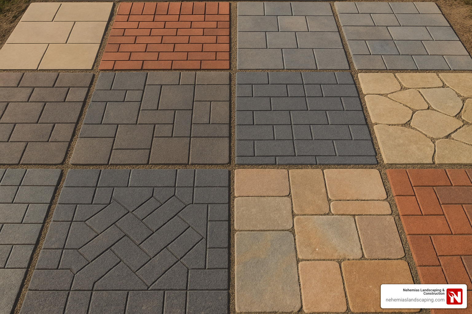 Different paver materials, colors and pattern samples - Paver patio design ideas