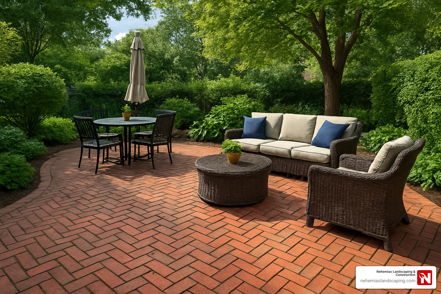 brick patio in herringbone pattern - Paver patio design ideas