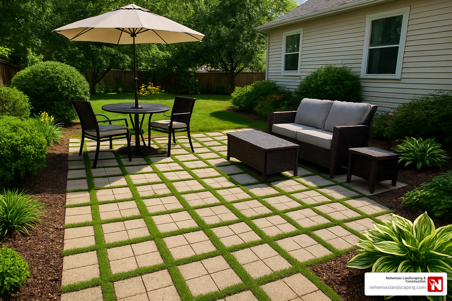 permeable paver patio with grass growing between pavers - Paver patio design ideas