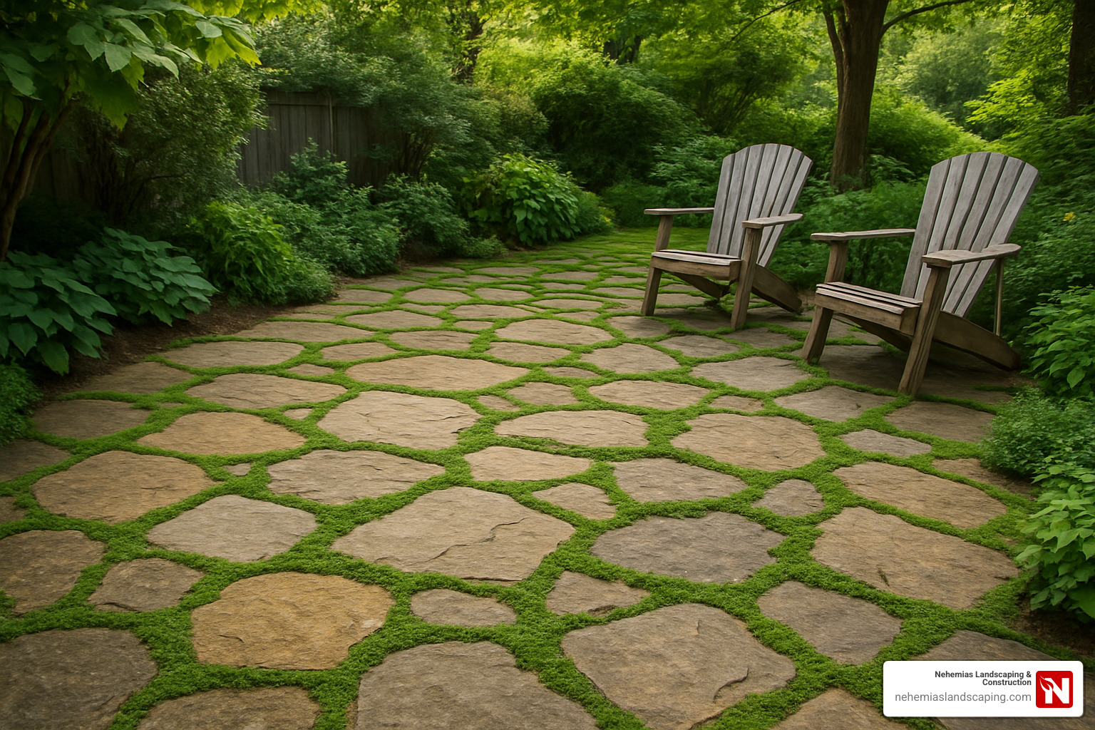 rustic flagstone patio with groundcover between stones - Paver patio design ideas