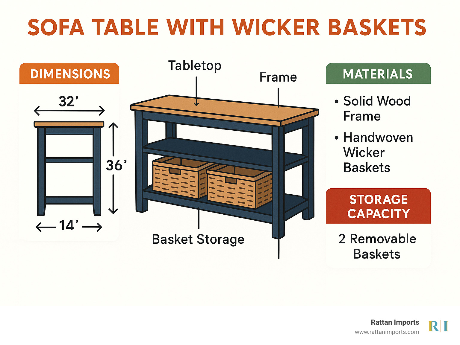 Sofa table with wicker baskets featuring dimensions, materials, and storage capacity with labeled parts including tabletop, frame, shelving, and basket storage - sofa table with wicker baskets infographic 
