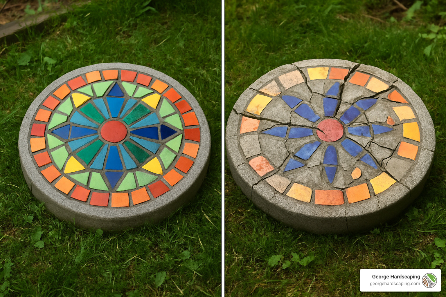 comparison of cracked versus intact mosaic stepping stone - how to make mosaic stepping stones