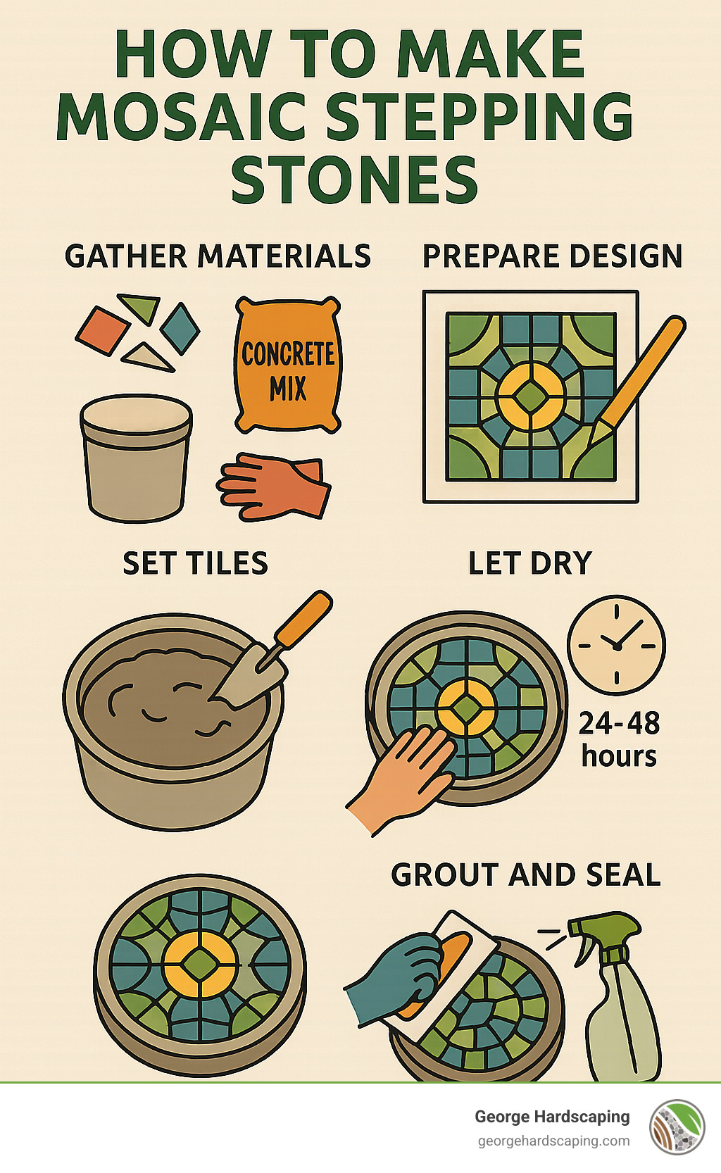Step-by-step mosaic stepping stone creation process showing materials needed (concrete, tiles, molds, tools), safety equipment (gloves, goggles), design phase with pattern layout, concrete preparation with proper consistency, tile placement techniques, demolding process, and finishing with grout and sealer application, complete with recommended drying times and weather considerations - how to make mosaic stepping stones infographic 
