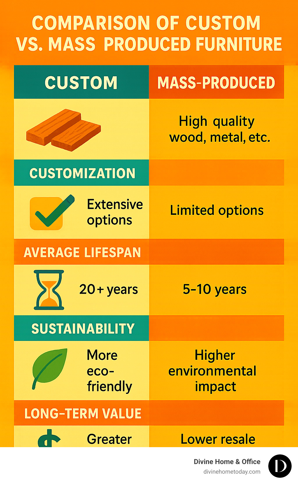 Comparison of custom vs mass-produced furniture showing differences in materials, customization options, average lifespan, sustainability factors, and long-term value - custom home furniture store infographic
