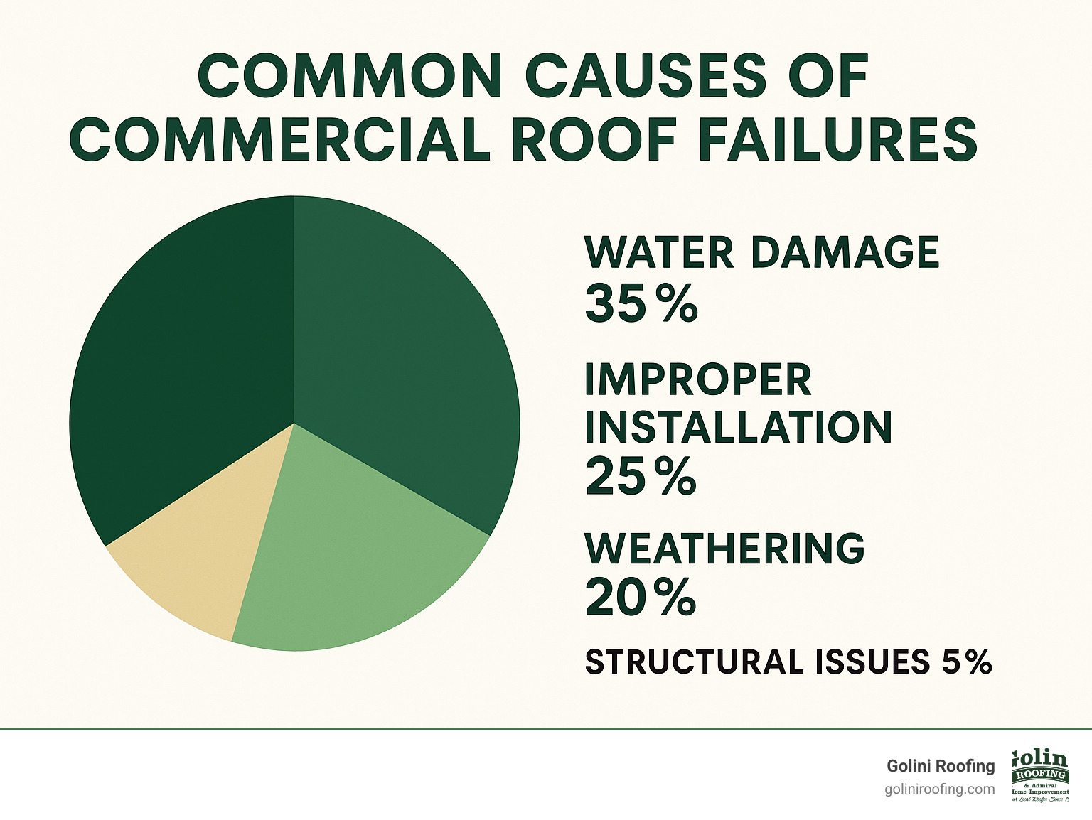 Common causes of commercial roof failures showing percentages of water damage (35%), improper installation (25%), weathering (20%), poor maintenance (15%), and structural issues (5%) - Commercial roof repair near me infographic