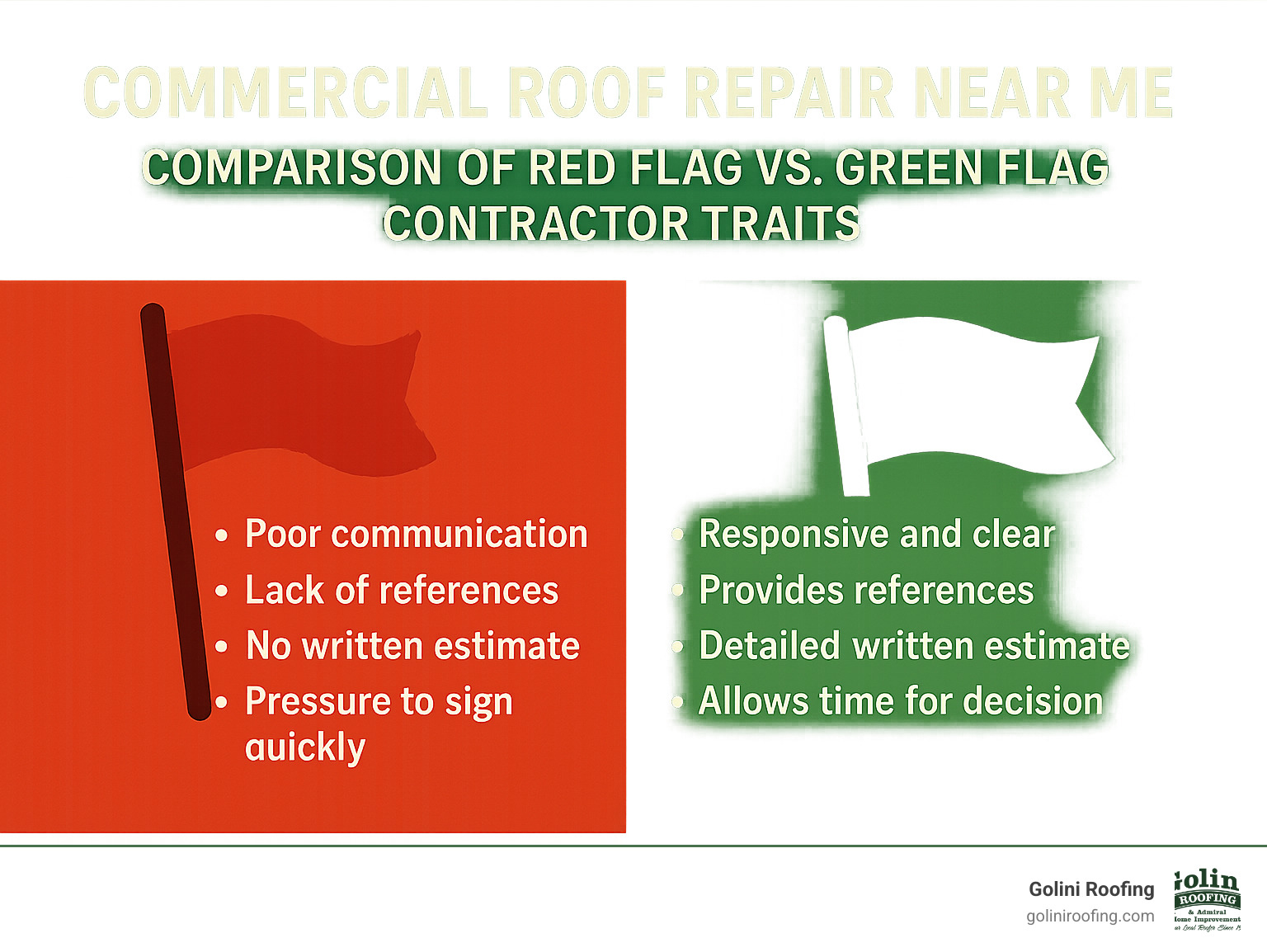 Comparison of red flag vs green flag contractor traits - Commercial roof repair near me infographic