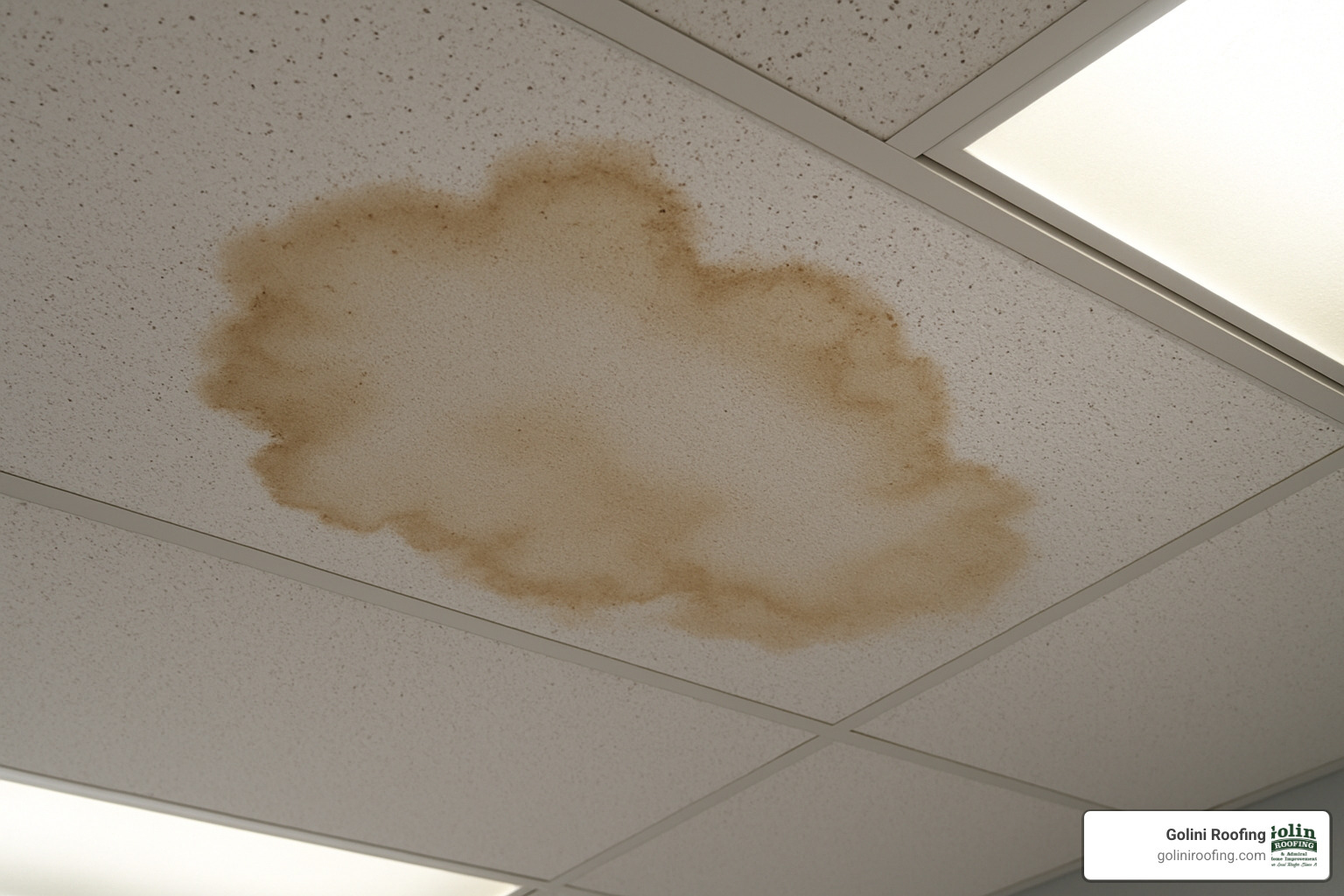 ceiling water stain from roof leak - Commercial roof repair near me