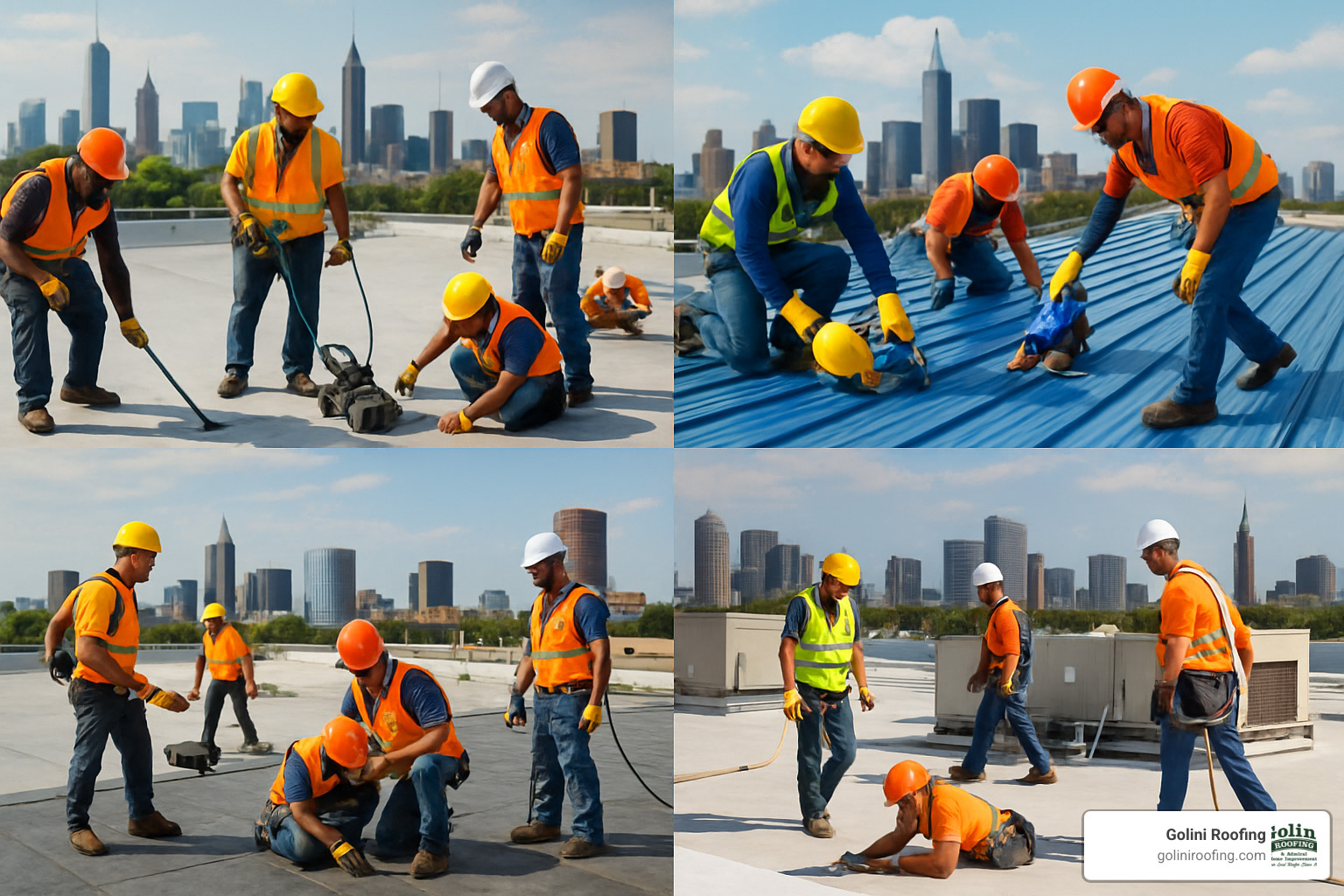 collage of commercial roofing crews at work - Commercial roof repair near me
