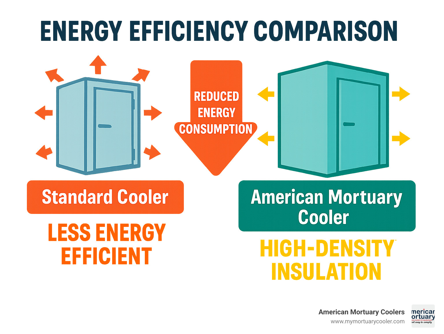 Energy efficiency comparison between standard coolers and American Mortuary Coolers with high-density insulation - American Mortuary Coolers www.americanwalkins.com infographic  Energy efficiency comparison between standard coolers and American Mortuary Coolers with high-density insulation - American Mortuary Coolers www.americanwalkins.com infographic