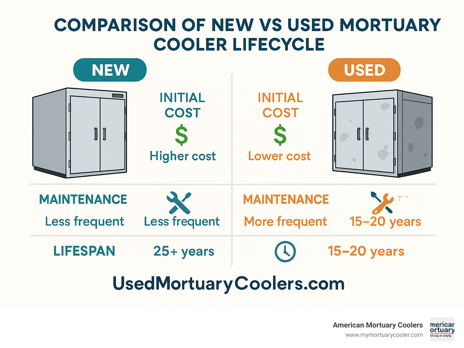 Comparison of new vs used mortuary cooler lifecycle showing initial cost savings, maintenance needs, and typical lifespan for both options - usedmortuarycoolers.com infographic  Comparison of new vs used mortuary cooler lifecycle showing initial cost savings, maintenance needs, and typical lifespan for both options - usedmortuarycoolers.com infographic