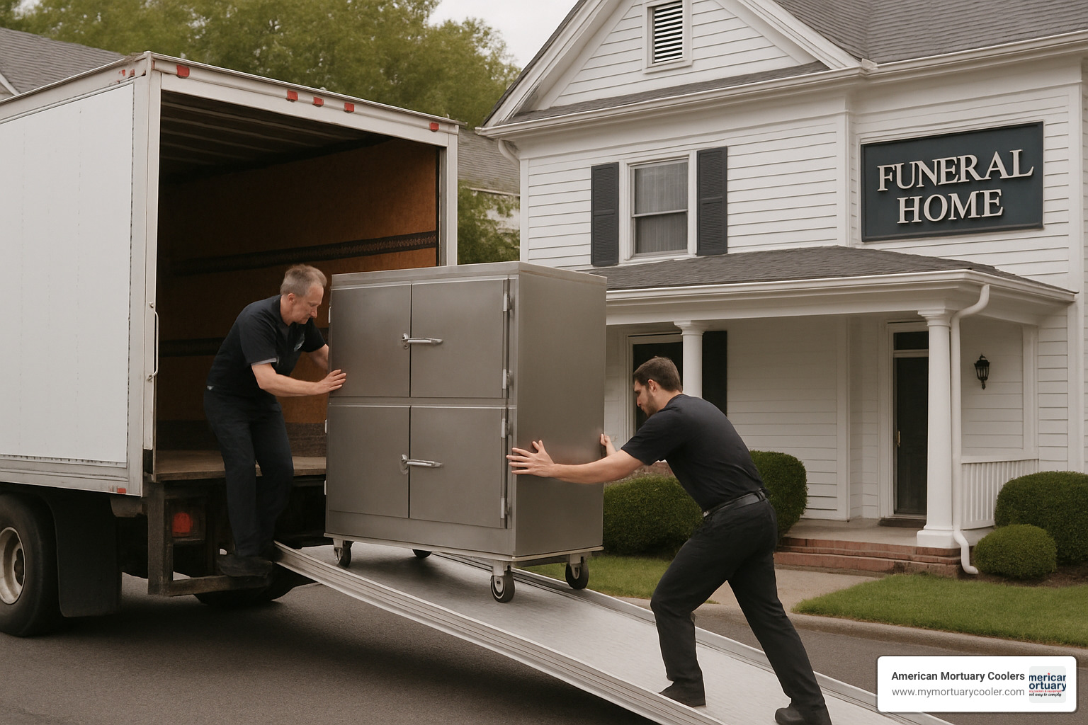 delivery truck unloading a mortuary cooler at a funeral home - usedmortuarycoolers.com delivery truck unloading a mortuary cooler at a funeral home - usedmortuarycoolers.com
