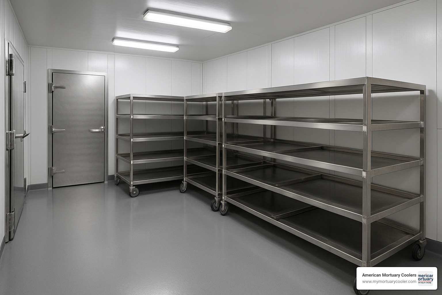 Large walk-in mortuary cooler system with multiple racks for 16-20 body capacity - American Mortuary Coolers www.americanwalkins.com Large walk-in mortuary cooler system with multiple racks for 16-20 body capacity - American Mortuary Coolers www.americanwalkins.com