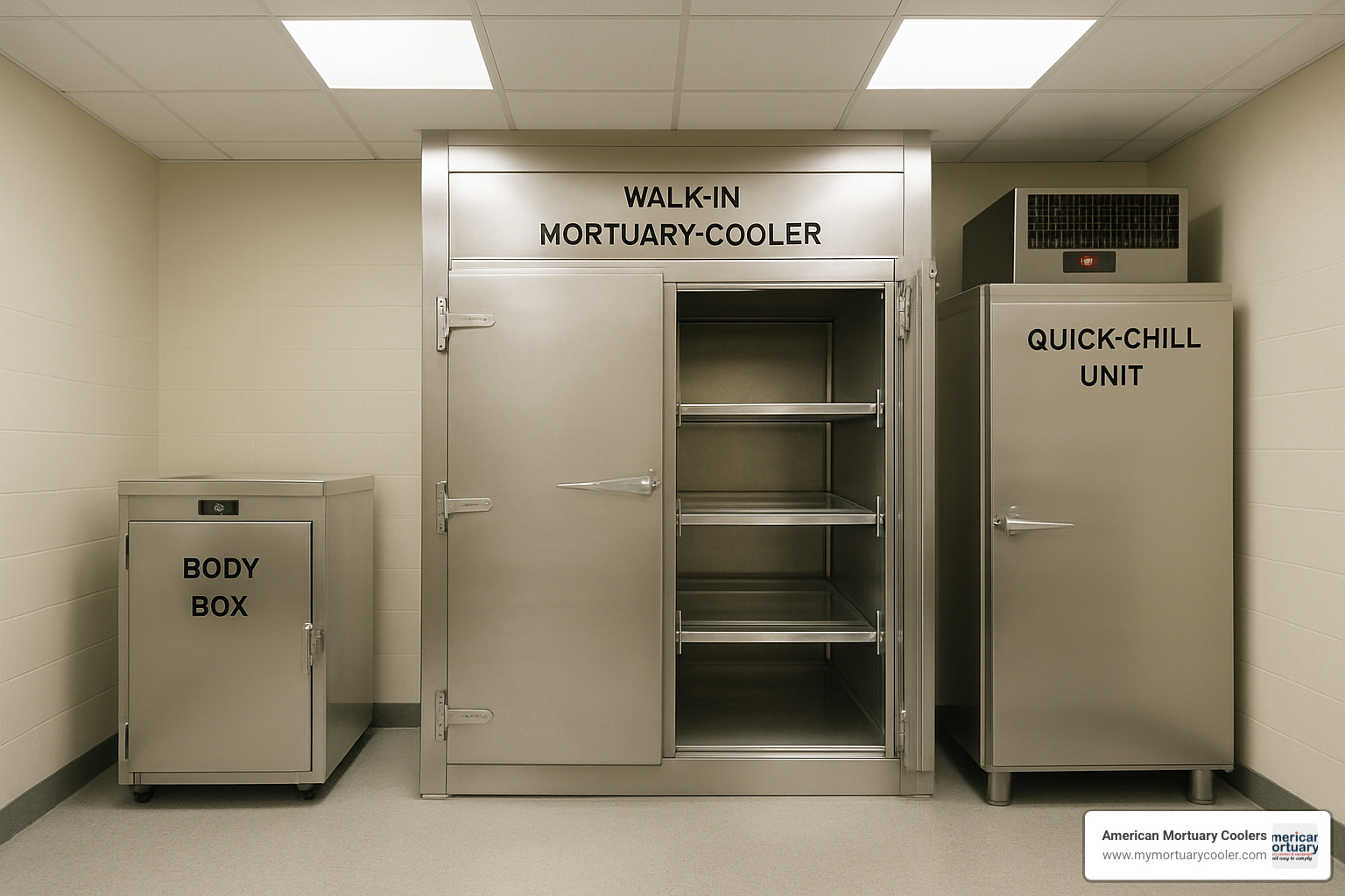Different types of mortuary cooler systems including body boxes, walk-ins, and quick-chill units - American Mortuary Coolers www.americanwalkins.com Different types of mortuary cooler systems including body boxes, walk-ins, and quick-chill units - American Mortuary Coolers www.americanwalkins.com