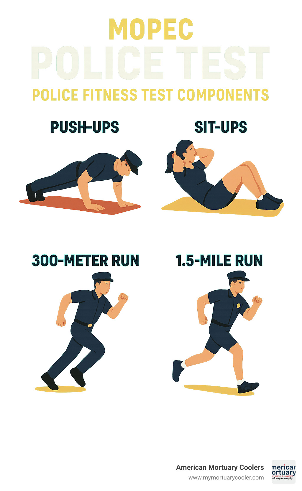 police fitness test components showing the four required exercises - mopec police test infographic 