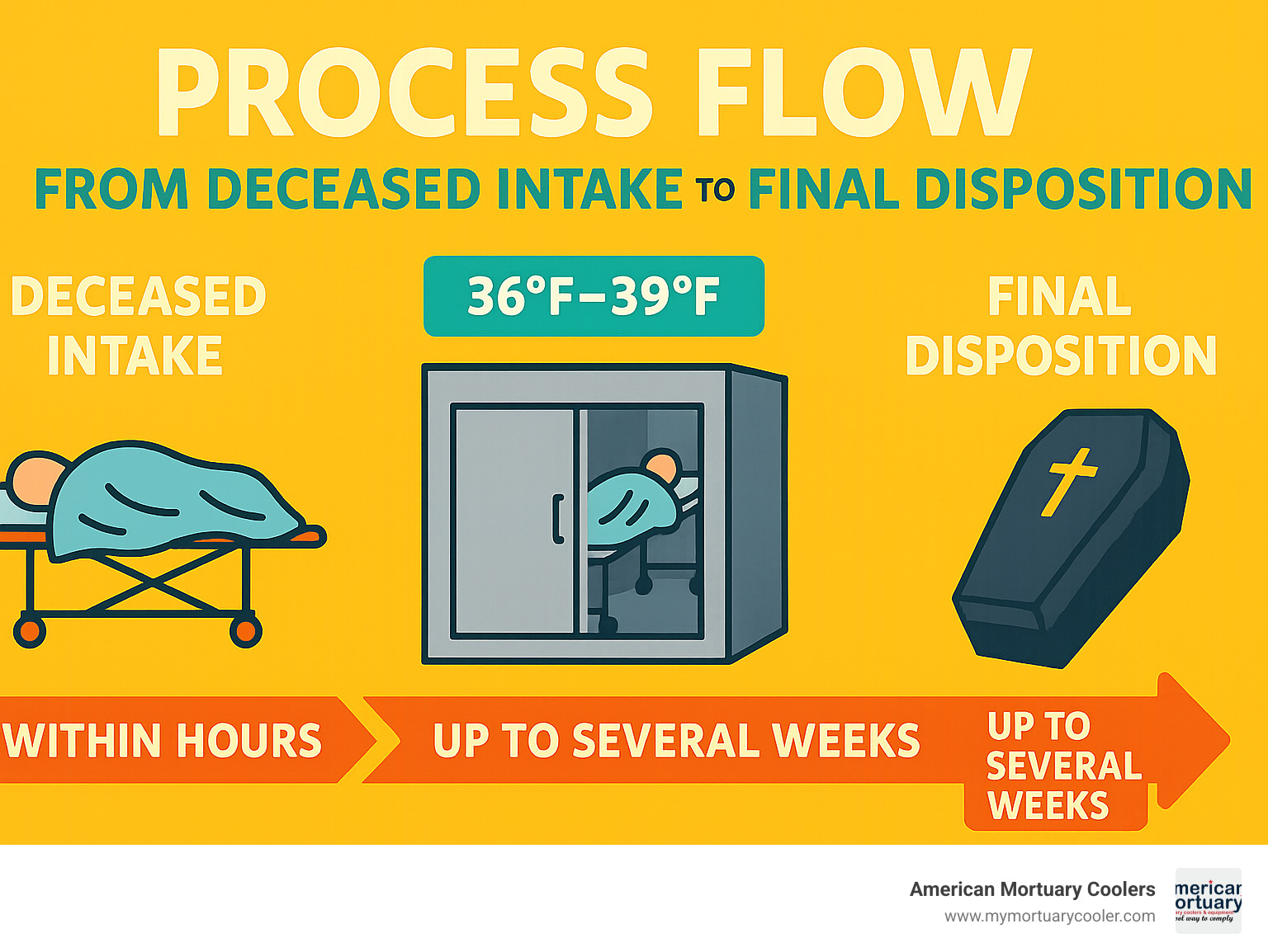 Diagram showing the process flow from deceased intake through preservation in mortuary cooler to final disposition with temperature requirements and timeline - www.amortuarycooler.com infographic 